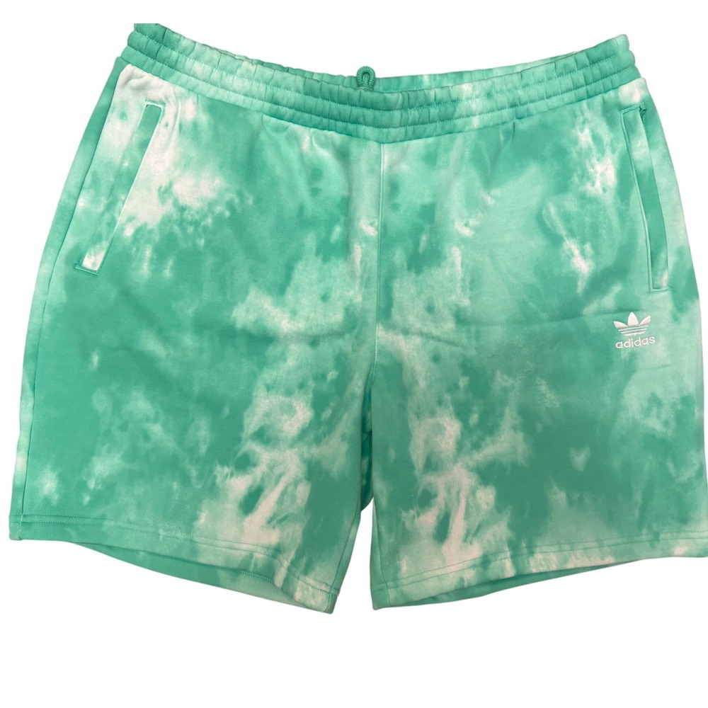 Adidas Originals Mens XL Green Tie Dye Fleece Shorts Trefoil Logo Zip Pockets